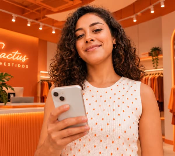 Mujer con cabello rizado y vestido blanco con puntos naranjas sostiene un celular y sonríe en una tienda de ropa